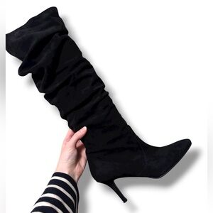 Stuart Weitzman Lafayette Black Slouchy Suede Heeled Knee High Boots Size 8